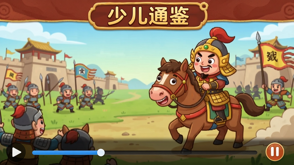 主体为卡通风格的历史故事动画播放界面,布局为横屏展示,画面中央是古代战场与将军骑马场景,排版上顶部有“少儿通鉴”标题栏,风格为儿童动画插画,细节包括播放进度条、暂停按钮、角色表情生动,画质高清、干净、无多余元素