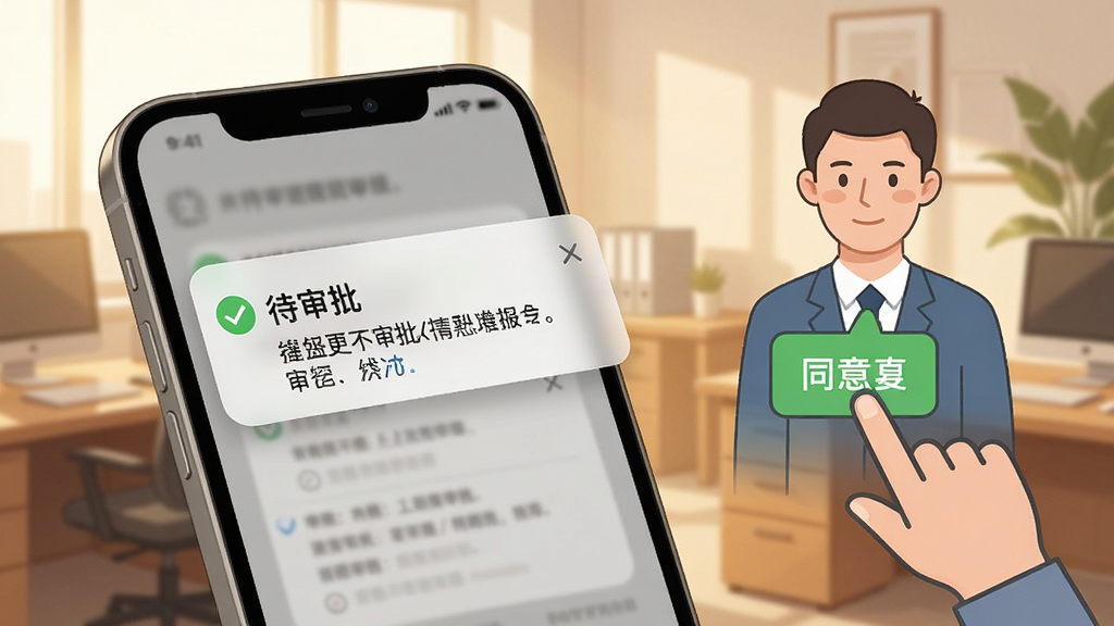 画面中一部手机弹出“待审批”消息通知,旁边有审批人点击同意的动作示意图,背景是办公室场景,采用写实插画风格,色调温暖,布局聚焦手机屏幕,细节表现通知内容,画质干净无杂物