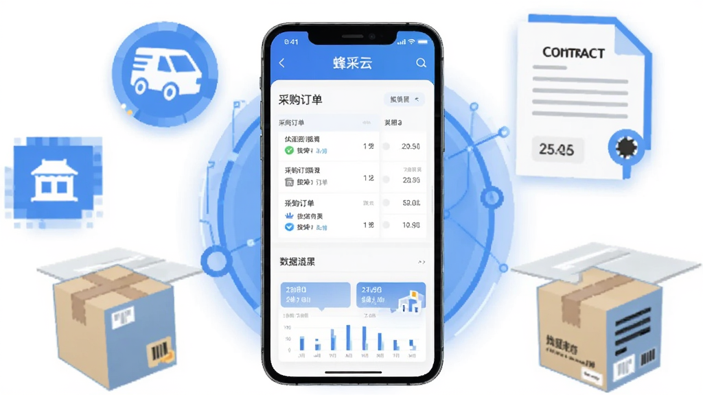 画面中央放置一部智能手机,屏幕上显示“蜂采云”应用界面,界面包含采购订单列表与数据图表,手机周围环绕供应商图标、合同文件、物流箱等元素,采用扁平化科技风格,蓝色与白色为主色调,布局简洁对称,细节清晰,画质干净,无多余元素