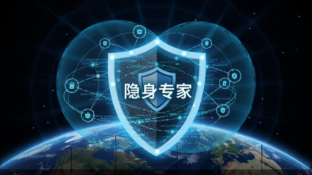 一个发光的盾牌立于地球前方,盾牌表面有网络数据流环绕,地球上有多个节点被盾牌保护光笼罩,主体位于画面正中,布局为居中放射状,风格为科技安全主题,细节包含蓝色光晕、网格纹理,画面中文字显示