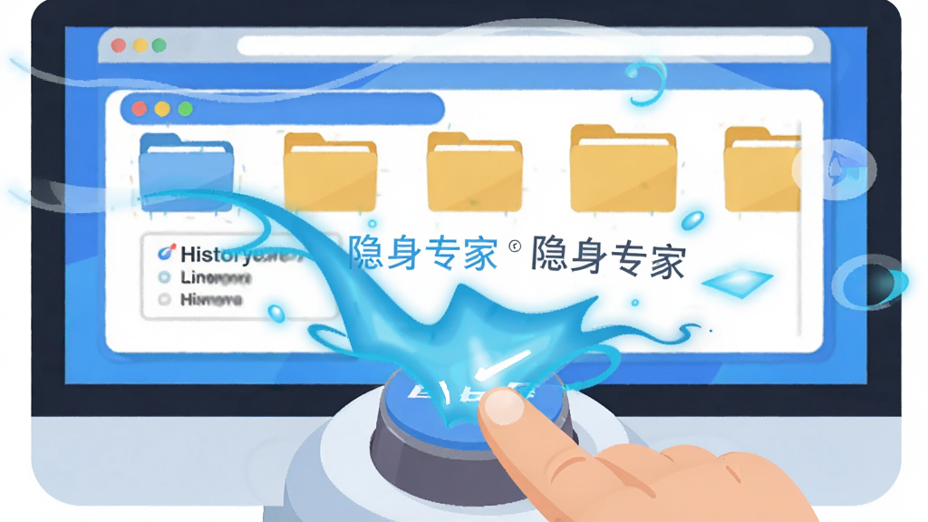 一只手按下大型清洁按钮,按钮下方涌出蓝色清洁能量波,波浪扫过电脑屏幕、浏览器窗口和文件夹图标,屏幕上的历史记录线条被擦除,主体位于画面中心偏下,布局为上下结构,风格为扁平插画,细节包含圆角图标、明亮色彩,画面中文字显示