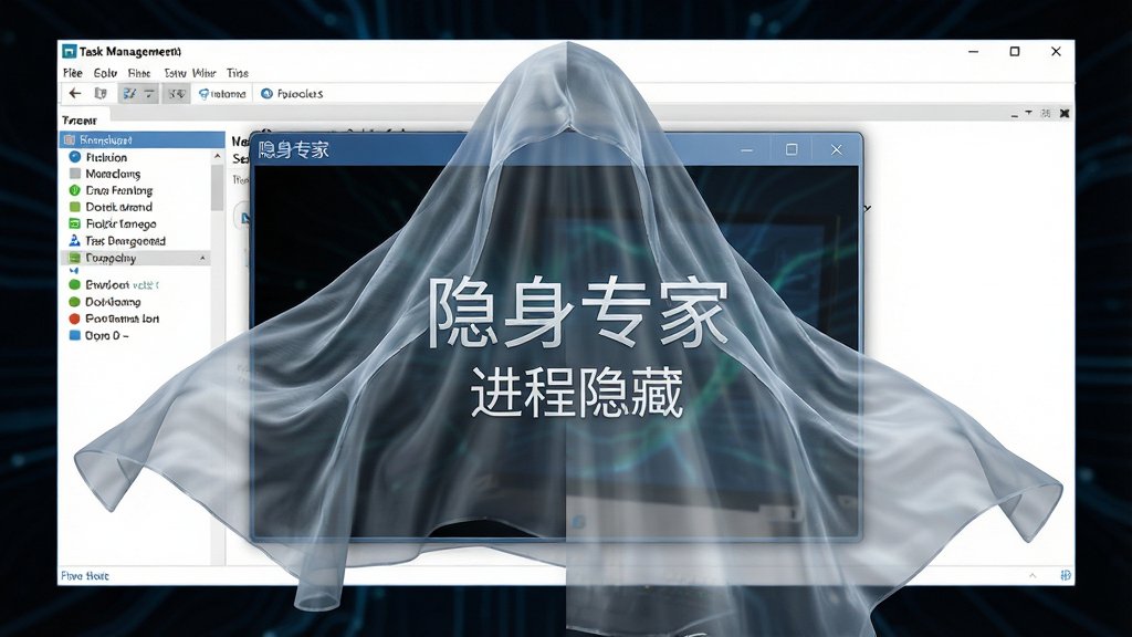 一个半透明的隐形斗篷覆盖在电脑窗口上,窗口逐渐变为透明消失,背景是任务管理器界面,主体位于画面中央,布局为左右对比,风格为超现实科技风,细节包含斗篷的流动纹理、窗口的渐隐效果,画面中文字显示