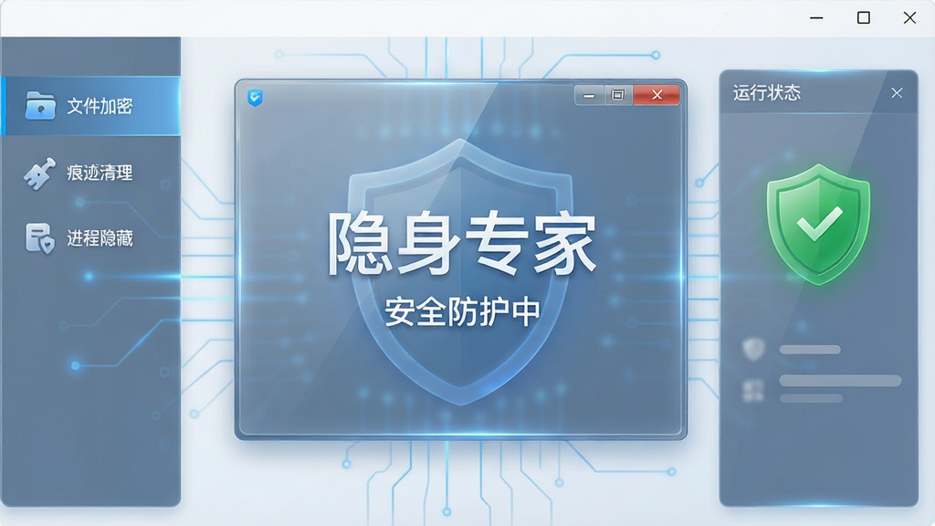 软件主界面全景展示,画面中央是隐身专家软件窗口,左侧为功能导航栏包含文件加密、痕迹清理、进程隐藏等图标,右侧为运行状态面板显示绿色安全盾牌,整体布局简洁对称,风格为现代科技感扁平化设计,细节包含半透明玻璃质感、蓝色光效点缀,画面中文字显示