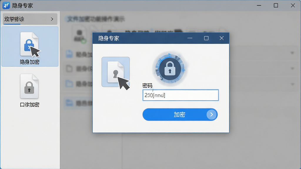 隐身专家软件界面中文件加密功能操作演示,画面展示文件被拖入加密窗口的过程,窗口中有密码输入框和加密按钮,主体位于画面中央,布局为左右分栏,风格为现代软件界面截图风格,细节包含蓝色高亮按钮、文件图标、锁定动画效果,画面中文字显示
