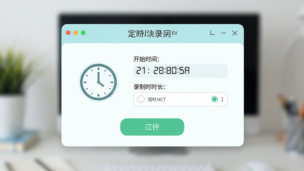 一张表现EV录屏定时录制功能的图片,画面中央为时间设置面板,显示开始时间与录制时长选项,界面带有EV录屏软件名称,布局居中对称,风格清新浅色,细节处展示时钟图标与确认按钮,画质高清干净,无多余元素