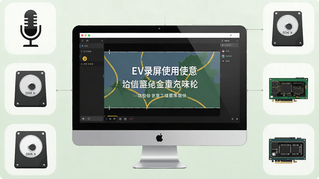 一张展示EV录屏使用注意事项的图片,画面以电脑屏幕为中心,屏幕上显示录屏界面与提示文字,周围分布麦克风、磁盘、显卡等图标元素,风格简洁明了,布局为居中环绕式,细节清晰,画质高清,无多余元素