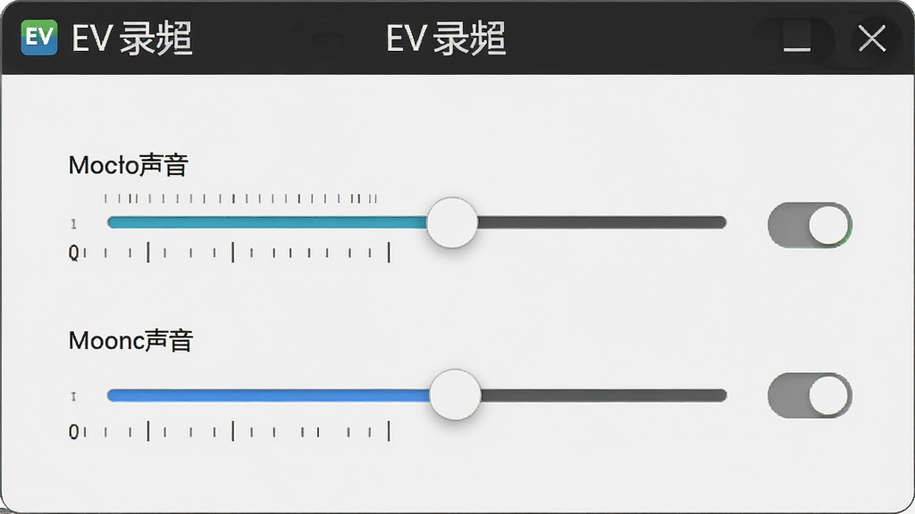 一张展示EV录屏音频设置界面的图片,画面中包含系统声音与麦克风声音两个音量调节滑杆,界面上方有EV录屏软件名称,布局为上下结构,风格简约商务,细节清晰展示音量刻度与开关按钮,画质高清,无多余元素
