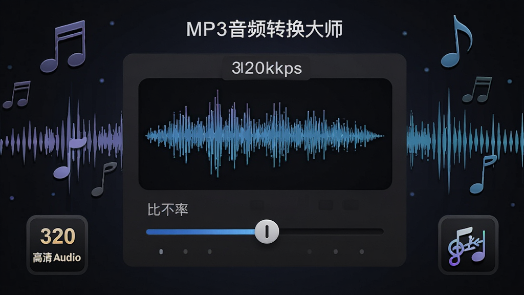 主体是MP3音频转换大师音质设置面板,布局为中央显示波形图和比特率调节滑块,周围环绕音符和声波元素,排版为纵向构图,风格为深色科技感,细节包括320kbps标签和高清音频图标,画质为高清,干净,无多余元素