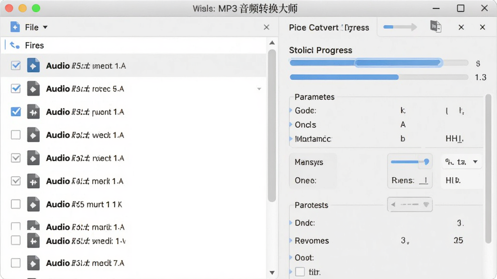 主体是MP3音频转换大师批量转换界面,布局为左侧文件列表展示多个音频文件,右侧显示转换进度和参数设置面板,排版为左右分栏式,风格为简约商务浅色系,细节包括勾选框、进度条和文件图标,画质为高清,干净,无多余元素