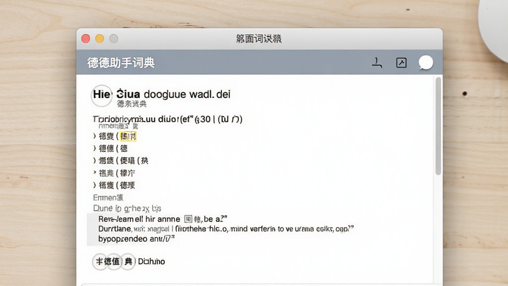 一张展示德语助手词典查询功能的界面特写图,画面中软件窗口显示德语单词查询结果,包含中文释义、德语例句和词性标注,界面排版整洁,背景是浅色桌面,风格简约商务,画质高清,无多余元素