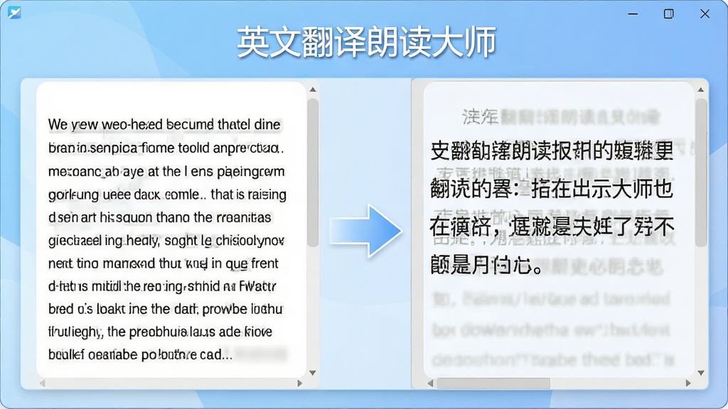 一张展示英文翻译朗读大师翻译功能的图片,画面中软件界面左侧是一段英文文章,右侧是流畅的中文译文,中间有箭头表示转换方向,软件名称“英文翻译朗读大师”显示在窗口顶部,背景为淡蓝色渐变,风格清爽,细节清晰,画质干净无多余元素