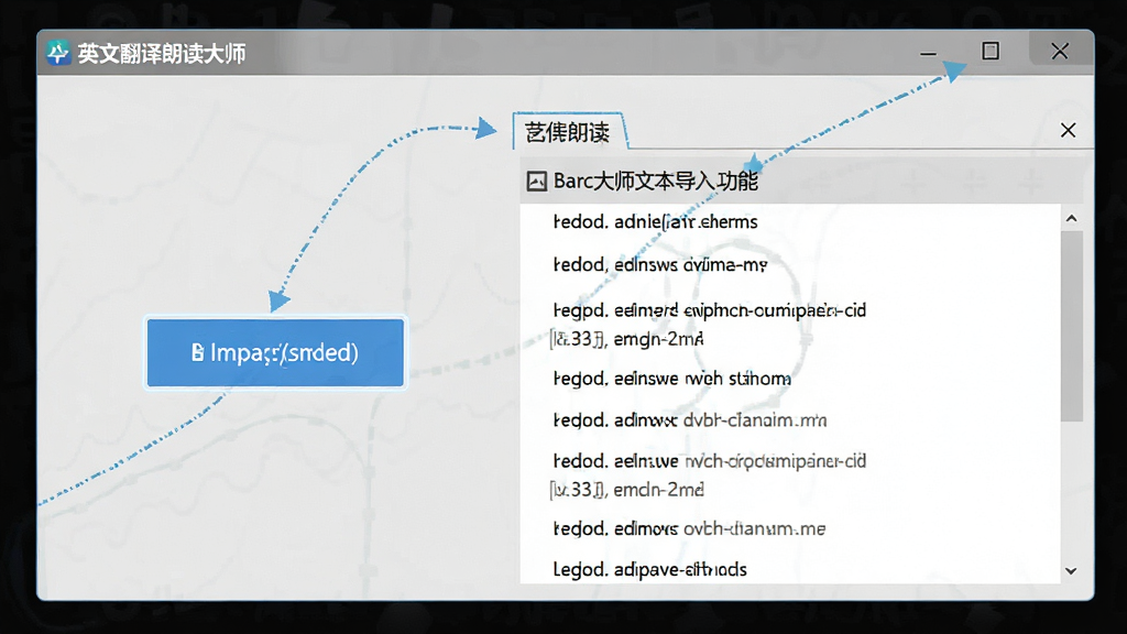 一张展示英文翻译朗读大师文本导入功能的图片,画面中软件窗口内有一个文件导入按钮被高亮,旁边显示已导入的英文文档列表,窗口标题为“英文翻译朗读大师”,界面风格为扁平化设计,浅灰色背景,元素排列整齐,画质清晰,无杂乱装饰