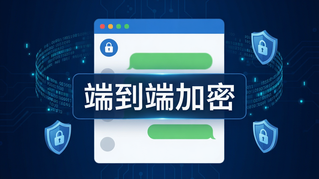 一张展示米鼠即时通讯系统加密通信功能的图片,画面中显示一个带有锁形图标的聊天窗口,背景为深蓝色科技风格,画面中央有“端到端加密”字样,周围环绕数据流和盾牌元素,整体风格安全可靠,画质清晰,干净无多余元素