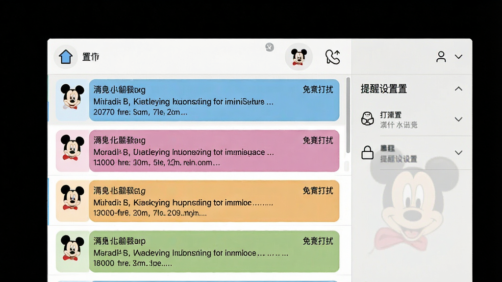一张展示米鼠即时通讯系统消息管理功能的图片,画面中显示一个消息列表界面,消息按重要程度用不同颜色标记,顶部有置顶和免打扰图标,右侧有提醒设置面板,背景为浅色,整体风格清晰有序,画质清晰,干净无多余元素