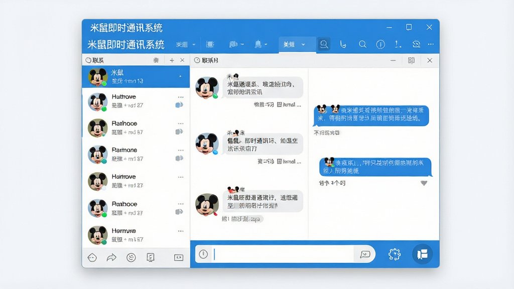 一张展示米鼠即时通讯系统主界面的图片,画面中央是软件聊天窗口,左侧为联系人列表,右侧为对话区域,底部为输入框和功能按钮,顶部显示软件名称“米鼠即时通讯系统”,整体风格简洁现代,采用蓝色和白色为主色调,界面布局清晰,画质清晰,干净无多余元素