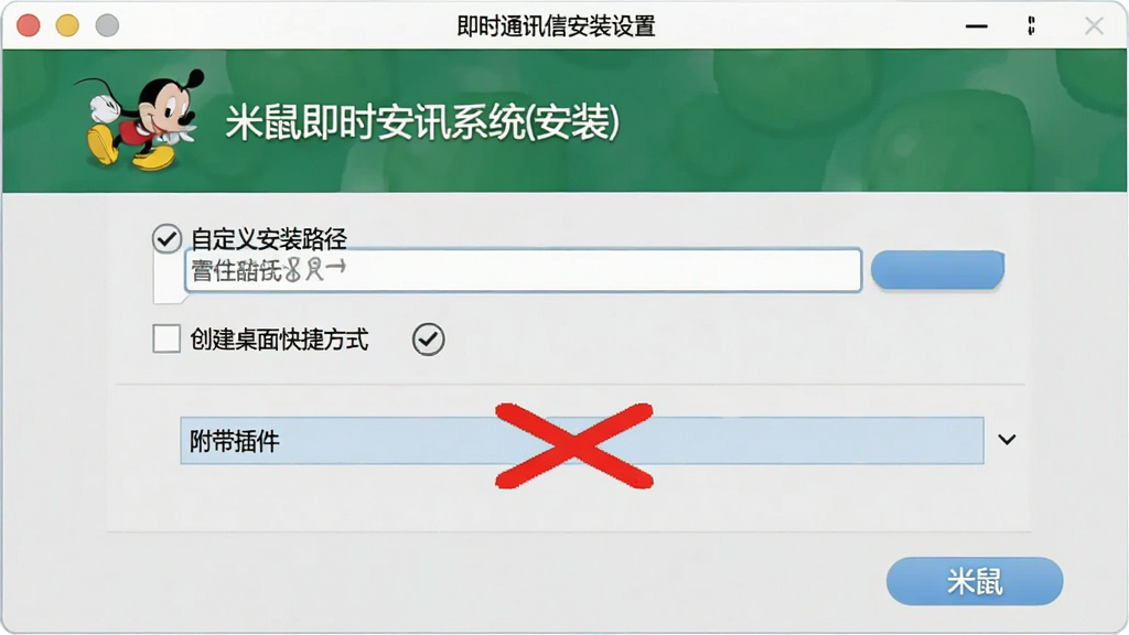 一张展示米鼠即时通讯系统安装设置界面的图片,画面中显示安装向导窗口,包含“自定义安装路径”和“创建桌面快捷方式”等选项,其中“附带插件”选项被红色叉号标记,背景为浅灰色,整体风格清晰直观,画质清晰,干净无多余元素