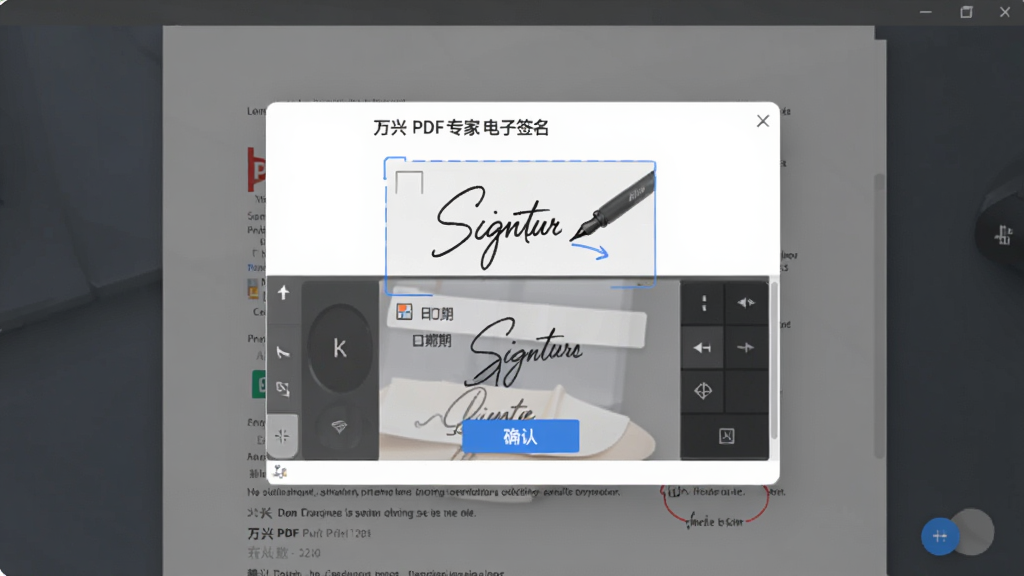 万兴PDF专家电子签名操作界面图,主体为文档页面上的签名框和手写板,布局为居中弹窗式,排版规整,风格为商务办公风,细节包括签名笔迹、日期栏、确认按钮,画质清晰,干净,无多余元素