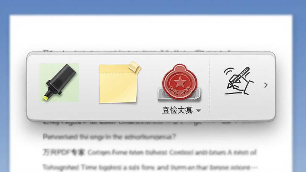 万兴PDF专家批注工具栏特写图,主体为浮动在文档上方的批注工具条,布局为顶部横向排列,排版紧凑,风格为办公软件拟物风,细节包括高亮笔、便签、图章、手绘图标,画质清晰,干净,无多余元素