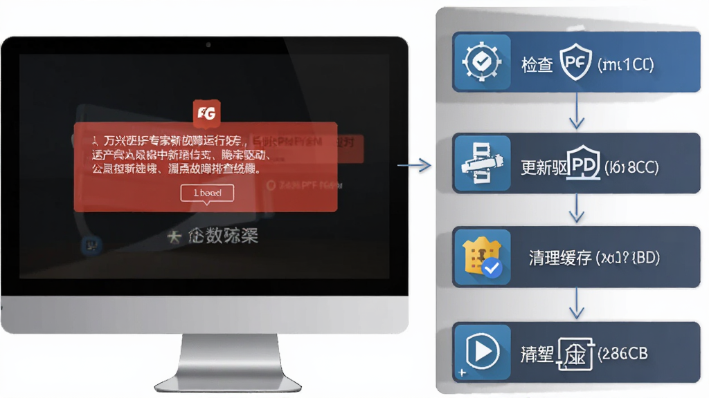 万兴PDF专家运行故障排查流程图,主体为电脑屏幕显示错误提示和解决方案步骤,布局为纵向流程图,排版清晰,风格为技术指导风,细节包括检查运行库、更新驱动、清理缓存等步骤图标,画质清晰,干净,无多余元素