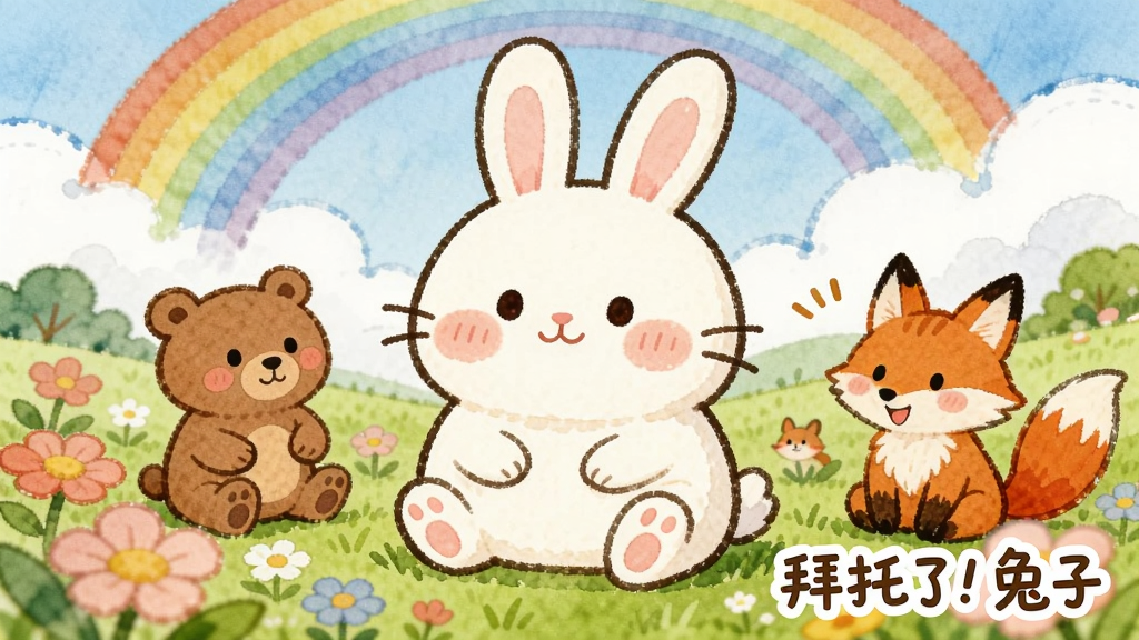 一只圆润可爱的卡通兔子坐在开满鲜花的草地上,身边围绕着小熊、狐狸等动物伙伴,远处是彩虹和白云,画面采用手绘水彩风格,色彩温暖明亮,细节精致,画质清晰干净,图片角落用可爱字体标注“拜托了!兔子”