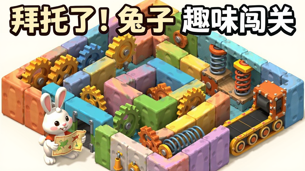 一个由多个彩色方块组成的立体迷宫场景,一只卡通兔子站在迷宫入口,手中拿着一张地图,迷宫内部有齿轮、弹簧、传送带等机关元素,画面采用等距视角的3D卡通渲染风格,色彩鲜明,细节丰富,画质清晰干净,图片上方写着“拜托了!兔子 趣味闯关”