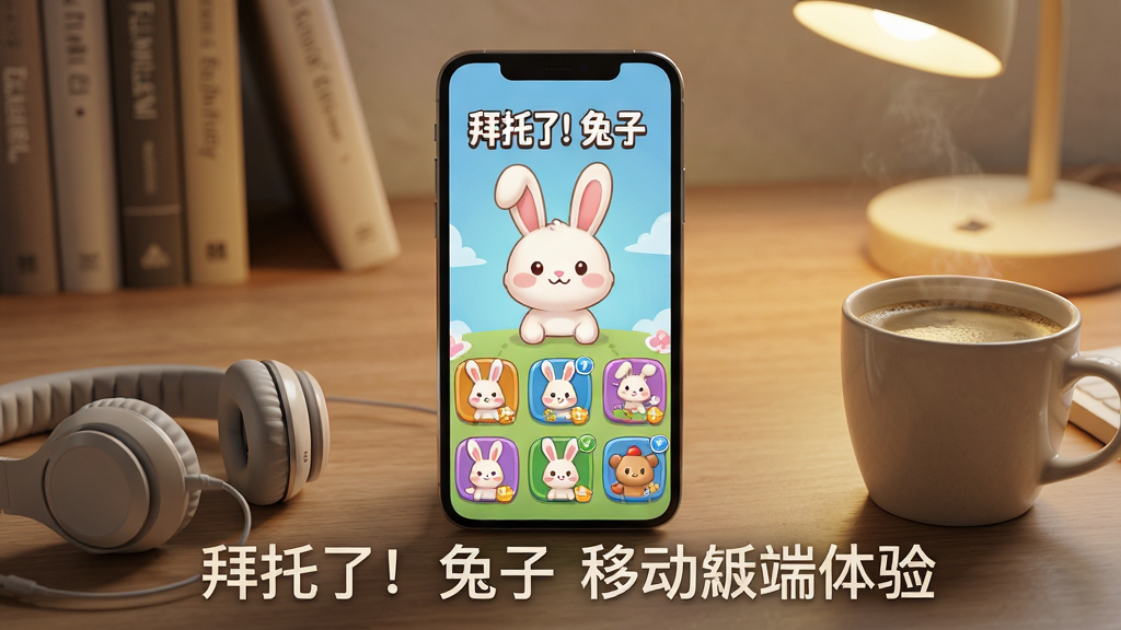 一部智能手机屏幕显示“拜托了!兔子”游戏主界面,画面中有可爱的兔子角色和多个关卡图标,手机旁边放着耳机和一杯咖啡,背景是温馨的书桌场景,图片采用写实风格,光线柔和,细节清晰,画质干净,图片下方标注“拜托了!兔子 移动端体验”