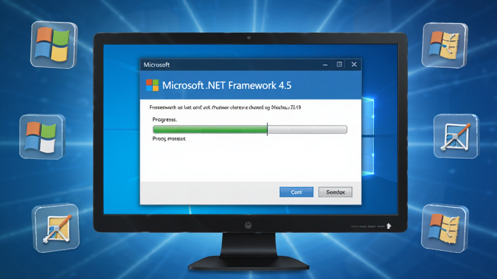 Microsoft .NET Framework 4.5 软件界面预览图,主体为电脑屏幕居中展示安装向导窗口,布局为上下结构上方标题下方进度条与按钮,排版简洁整齐,风格为现代科技感三维渲染,细节包括蓝白色调、微软标志性配色、光晕背景、图标元素环绕,画质高清 干净 无多余元素