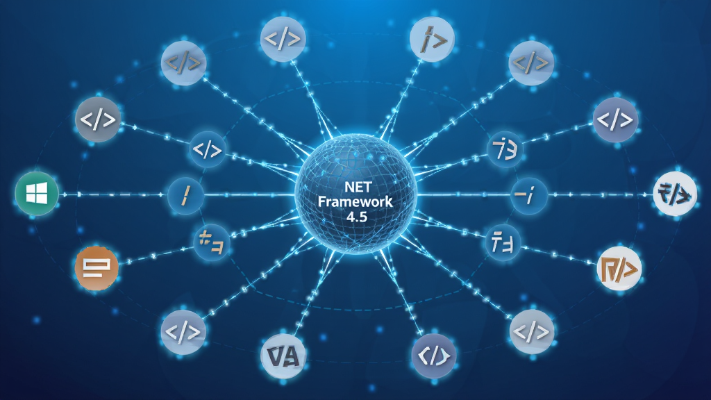 Microsoft .NET Framework 4.5 跨语言运行环境概念图,主体为发光的数字网络节点围绕一个中心球体,布局为中心辐射状,排版对称均衡,风格为抽象科技插画,细节包括多种编程语言图标环绕、蓝色渐变背景、连接光线,画质高清 干净 无多余元素
