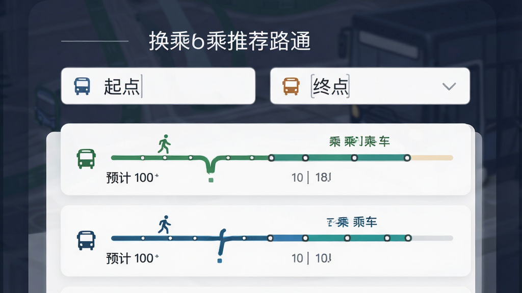 一张展示“公交线路通”换乘推荐功能的界面图,画面中央是起点和终点输入框,下方列出两条换乘方案,每条方案用不同颜色的线条标示步行段和乘车段,并标注预计时间。布局采用卡片式排列,风格简约商务,细节上线条流畅、图标精致,画质高清,干净无多余元素。