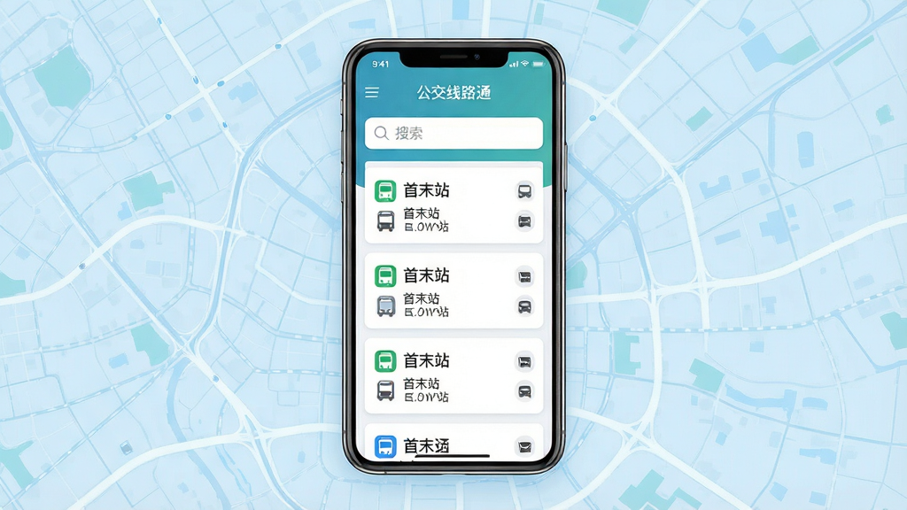 一张干净简洁的手机应用界面展示图,画面中央是一部智能手机,屏幕上显示着“公交线路通”应用的主页,主页上方有搜索框,下方排列着几条公交线路卡片,每张卡片上标注着线路名称和首末站信息。背景是浅蓝色的城市交通地图纹理,整体布局居中对称,风格清新现代,细节上突出图标和文字清晰可辨,画质高清,干净无多余元素。