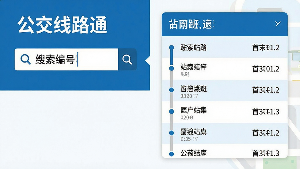 一张体现“公交线路通”线路查询功能的场景图,画面左侧是搜索框输入线路编号,右侧弹出完整的站点列表和首末班时间信息。整体采用扁平化设计风格,色彩以蓝白为主,布局清晰分区,细节上站点名称和数字标注清楚,画质高清,干净无多余元素。