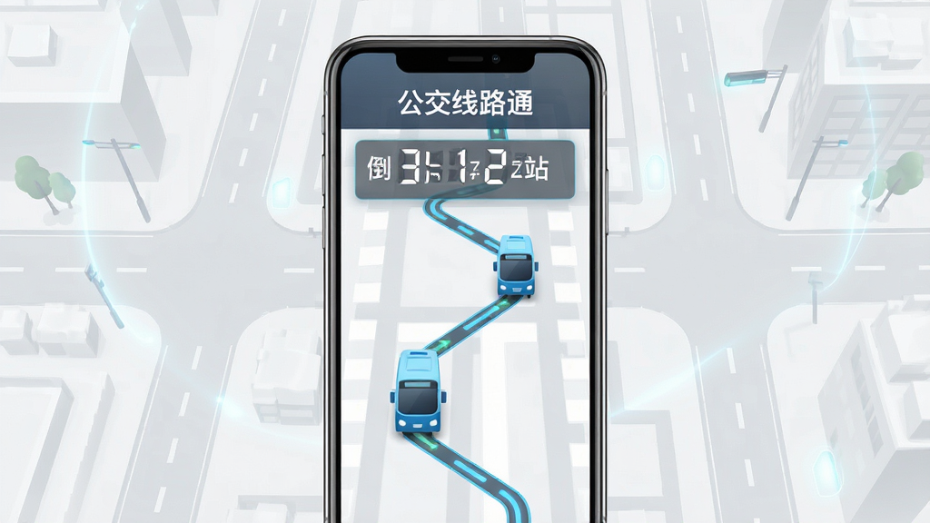 一张表现“公交线路通”实时到站功能的图片,画面中一部手机屏幕显示公交车图标沿着线路移动,旁边有倒计时数字和“还有2站”的提示文字。背景是淡灰色的城市街道简图,风格现代科技感,布局以手机为中心,细节上车辆图标和数字清晰,画质高清,干净无多余元素。