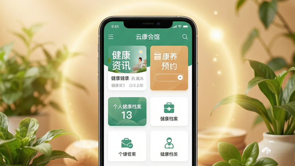һ��չʾ�ƿ�����ֻ�Ӧ���������ͼƬ������������һ�������ֻ����ֻ���Ļ����ʾ�ƿ����App����ҳ���棬�������������Ѷ��Ƭ������ԤԼ��ڡ����˽�������ͼ���Ԫ�أ�����Ϊ��ܰ��ůɫ������Χ�����Ŵ�����������������ɫֲ�����͹��Σ�������������Ȼ�����ּ�����ˣ��Ű���жԳƣ����ʸ���ɾ����޶���Ԫ�ء�