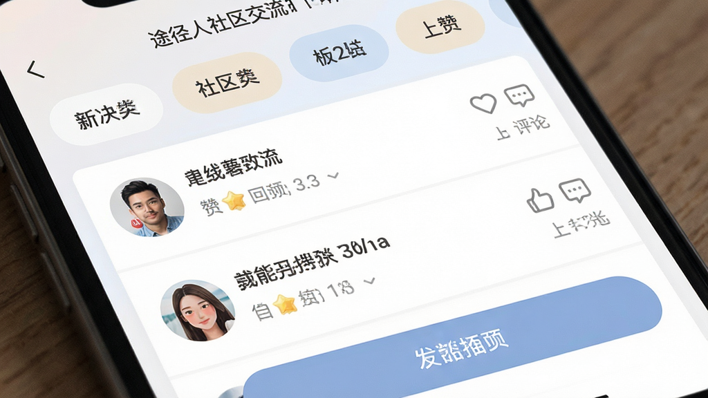 �ֻ���Ļչʾ��;������������ҳ�棬����Ϊ�������ǩ���в�Ϊ�����б��������û�ͷ�����ӱ�����ظ��������ײ�Ϊ������ť��������������̳��������ɫ��ͣ�ϸ�ڰ�������ͼ�ꡢ�������ݡ��û��ȼ���ʶ�������������ɾ����޶���Ԫ��