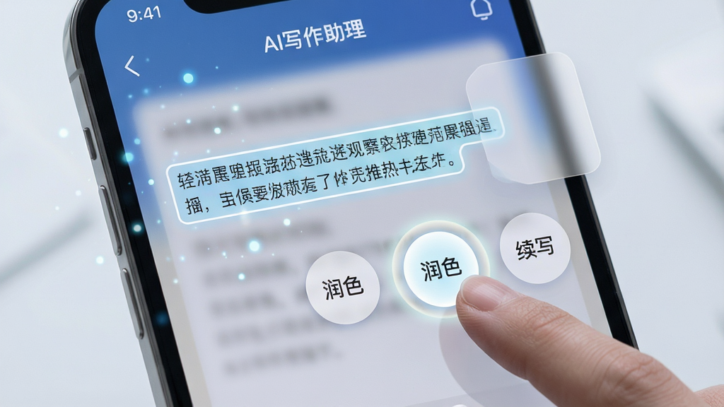 在手机屏幕上,“AI写作助理”的界面里,一段文字被高亮选中,旁边出现润色和续写两个圆形按钮,手指正点击润色按钮,按钮发出柔和光晕;布局为居中展示;风格为清爽科技感;细节有半透明面板、细微粒子动画;画质清晰,干净,无多余元素