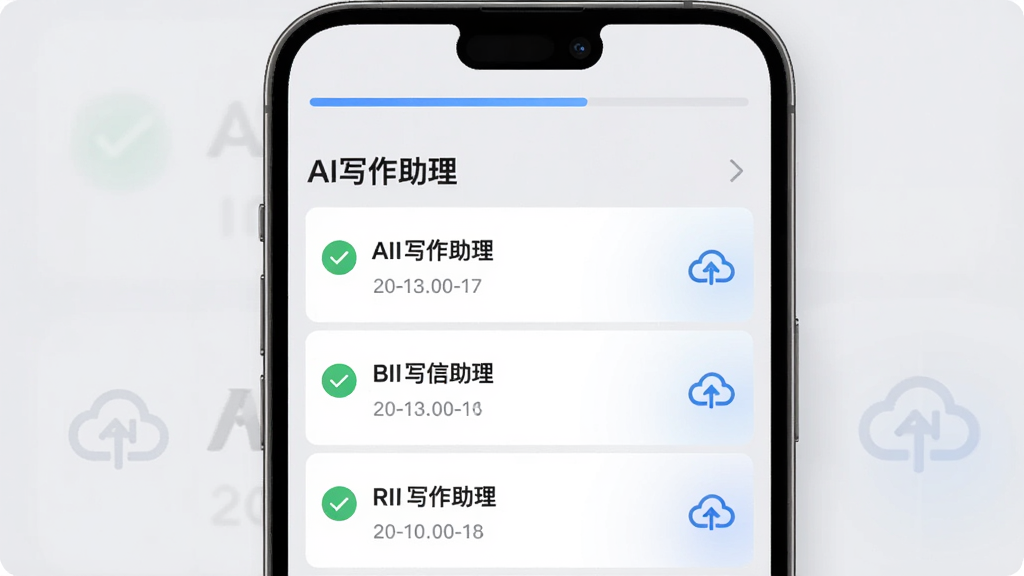 手机界面显示“AI写作助理”的文档列表,每篇文档右侧有云朵同步图标,顶部显示同步进度条,背景是浅灰色;布局为列表式;风格为简约商务;细节有对勾标记、时间戳、微妙的渐变;画质清晰,干净,无多余元素