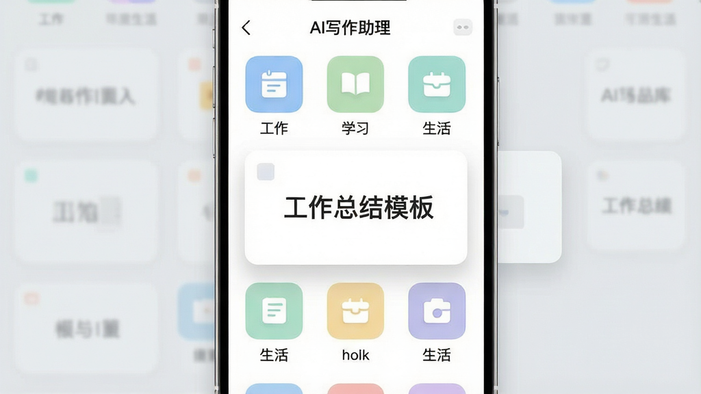 手机屏幕展示“AI写作助理”模板库界面,网格状排列着工作、学习、生活等分类图标,每个图标下方有文字标签,中心位置一个模板卡片被放大突出显示,卡片上写着“工作总结模板”;布局为网格加悬浮卡片;风格为清新扁平化;细节有柔和的投影、圆角矩形、淡彩配色;画质高清,干净,无多余元素