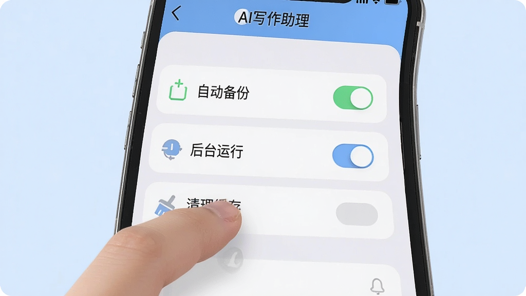 手机屏幕显示“AI写作助理”的设置页面,列表中有“自动备份”“后台运行”“清理缓存”等选项,手指正滑动屏幕,背景是淡蓝色;布局为设置列表;风格为清爽简约;细节有开关按钮、小图标、圆角卡片;画质清晰,干净,无多余元素