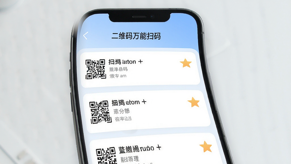 手机应用界面展示“二维码万能扫码”的历史记录页面,列表中包含多个扫描结果条目,部分条目旁有星标收藏图标,界面配色清爽,背景为淡蓝色渐变,风格现代简约,画质清晰,干净,无多余元素