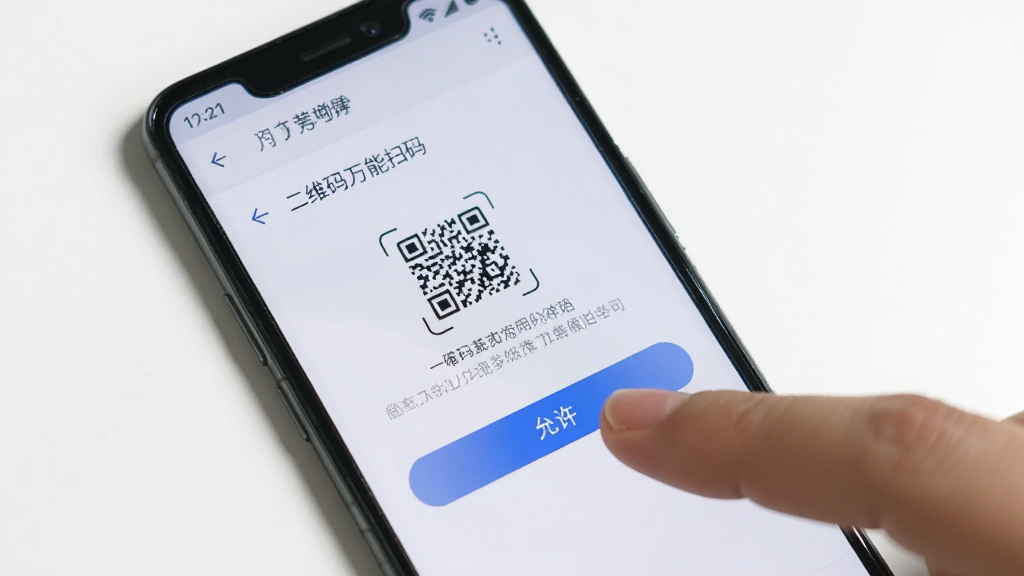 一部安卓手机显示“二维码万能扫码”的权限设置页面,旁边有手指正在点击“允许”按钮,背景为简洁的白色桌面,风格干净清爽,画质清晰,无多余元素