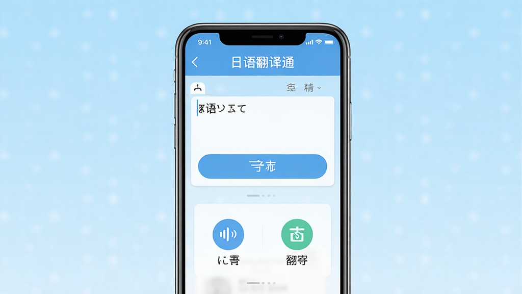 一张展示日语翻译通软件主界面的手机截图,画面中央是一部智能手机,屏幕显示日语翻译通应用界面,顶部有软件名称