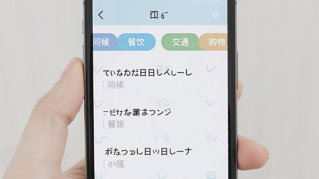 日语翻译通常用短语手册界面截图,手机屏幕显示分类列表,包括