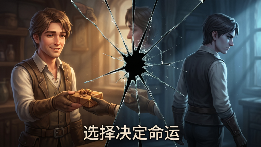 画面展示两个并排的场景分镜,左侧为NPC微笑递出物品的温馨画面,右侧为同一NPC冷漠转身离去的画面,两个场景之间用破裂的镜面效果分隔,画面下方有