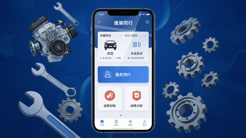 画面中央展示一部智能手机,手机屏幕上显示“潍柴同行”应用主界面,界面包含车辆状态卡片、服务预约入口、故障诊断图标等元素,手机周围环绕发动机零件、扳手、齿轮等工业风格装饰图形,背景为深蓝色科技渐变,布局采用居中构图,风格为扁平化科技插画,细节上手机屏幕有轻微反光效果,画质清晰干净,无多余元素
