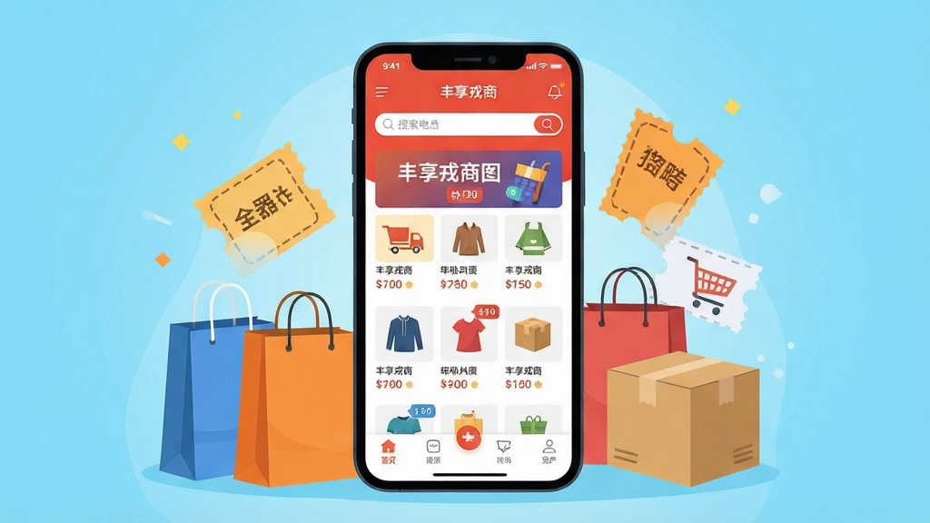 一幅展示丰享戎商移动电商平台的场景插画,画面中央是一部智能手机,屏幕上显示丰享戎商APP的首页界面,包含商品分类图标、促销横幅和底部导航栏,手机周围环绕着购物袋、优惠券、物流箱等电商元素,背景为明亮的浅蓝色渐变,布局采用中心对称构图,风格为现代扁平化UI插画,细节包括商品缩略图、价格标签和搜索框,画质清晰干净,无多余元素,整体色调清爽专业