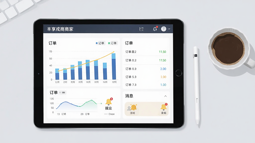 丰享戎商商家后台管理界面示意图,画面中一部平板电脑显示数据看板,包含柱状图、订单列表和消息提醒图标,平板旁边有一支触控笔和一杯咖啡,背景为浅灰色办公桌面,风格为简约商务插画,细节包括数字标签和图表刻度,画质清晰,构图平稳,无多余装饰