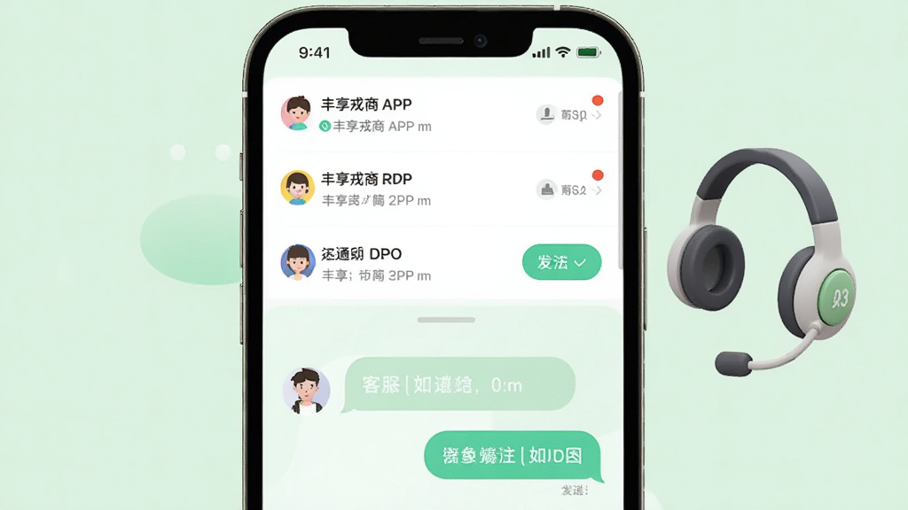 丰享戎商APP的消息通知与客服聊天界面,手机屏幕上半部分显示通知列表,下半部分显示客服对话气泡,背景为柔和的浅绿色,画面右侧有一个立体的耳机图标代表客服,风格为扁平化设计,细节包括未读红点和发送按钮,画质干净,布局清晰