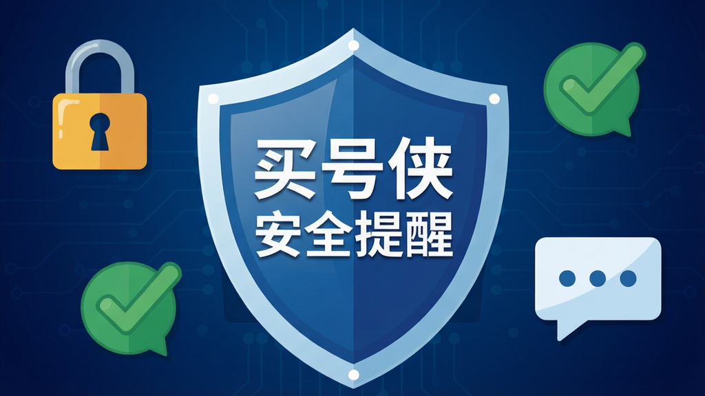 一张带有安全盾牌与警示标识的图片,盾牌中央写着“买号侠安全提醒”,盾牌周围环绕着锁、勾选标记和对话气泡图标。背景为深蓝色渐变,带有微弱的电路纹理。风格为扁平化安全主题插画,细节包括高光效果和清晰的图标轮廓。画质干净,无多余元素。
