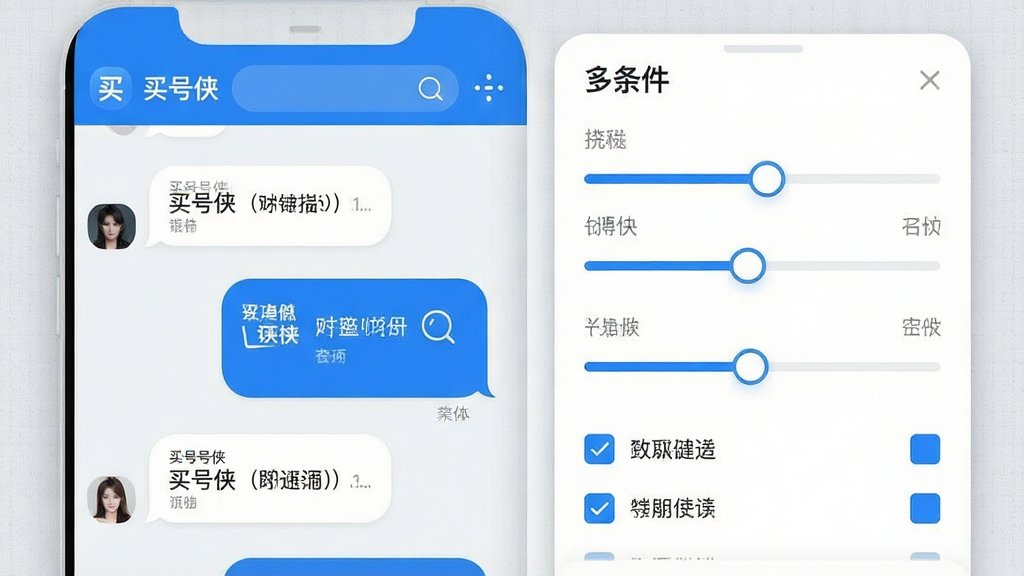 一张手机聊天界面与筛选面板组合的图片,左侧显示“买号侠”应用内的对话气泡,右侧为多条件筛选滑块与勾选框。界面元素采用圆角设计,配色以蓝白为主。背景为浅灰色,带有细微的网格纹理。风格为写实的移动端UI展示,细节包括清晰的文字标签和图标。画质清晰,干净无多余元素。