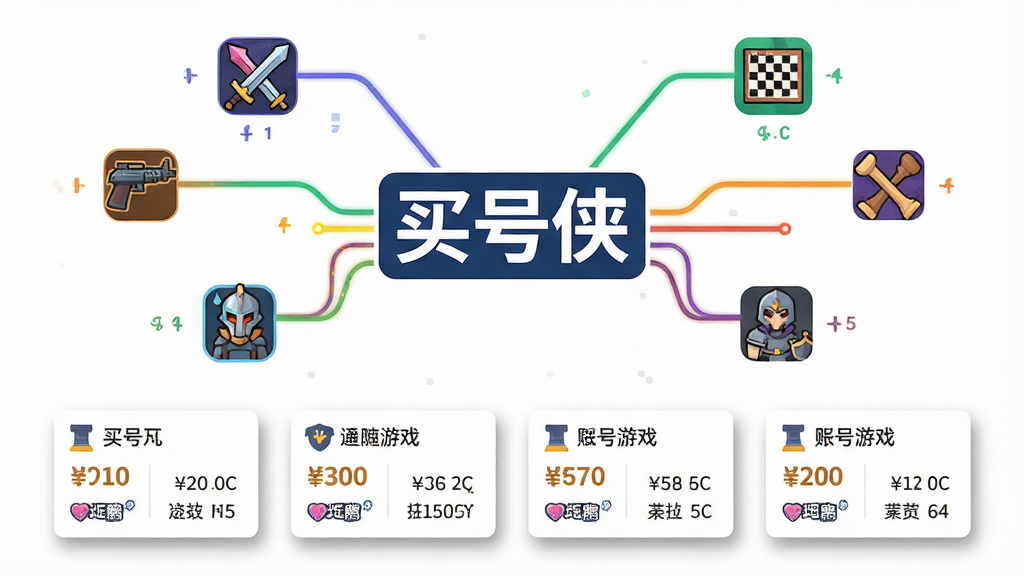 一张信息图表风格的图片,画面中央是“买号侠”文字标识,周围延伸出多条彩色线条连接着不同游戏类型的图标,如剑与魔法、枪械、棋盘等。图表下方排列着整齐的账号信息卡片,每张卡片上标注着价格与关键属性。背景为纯白,卡片带有浅灰色阴影。风格简洁明快,细节包括扁平化图标和清晰的数据标签。画质高清,干净无多余元素。